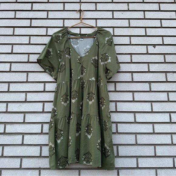 Old Navy V-Neck Mini Swing Dress Olive Green Block Print Tiered Cotton Blend - Picture 4 of 14